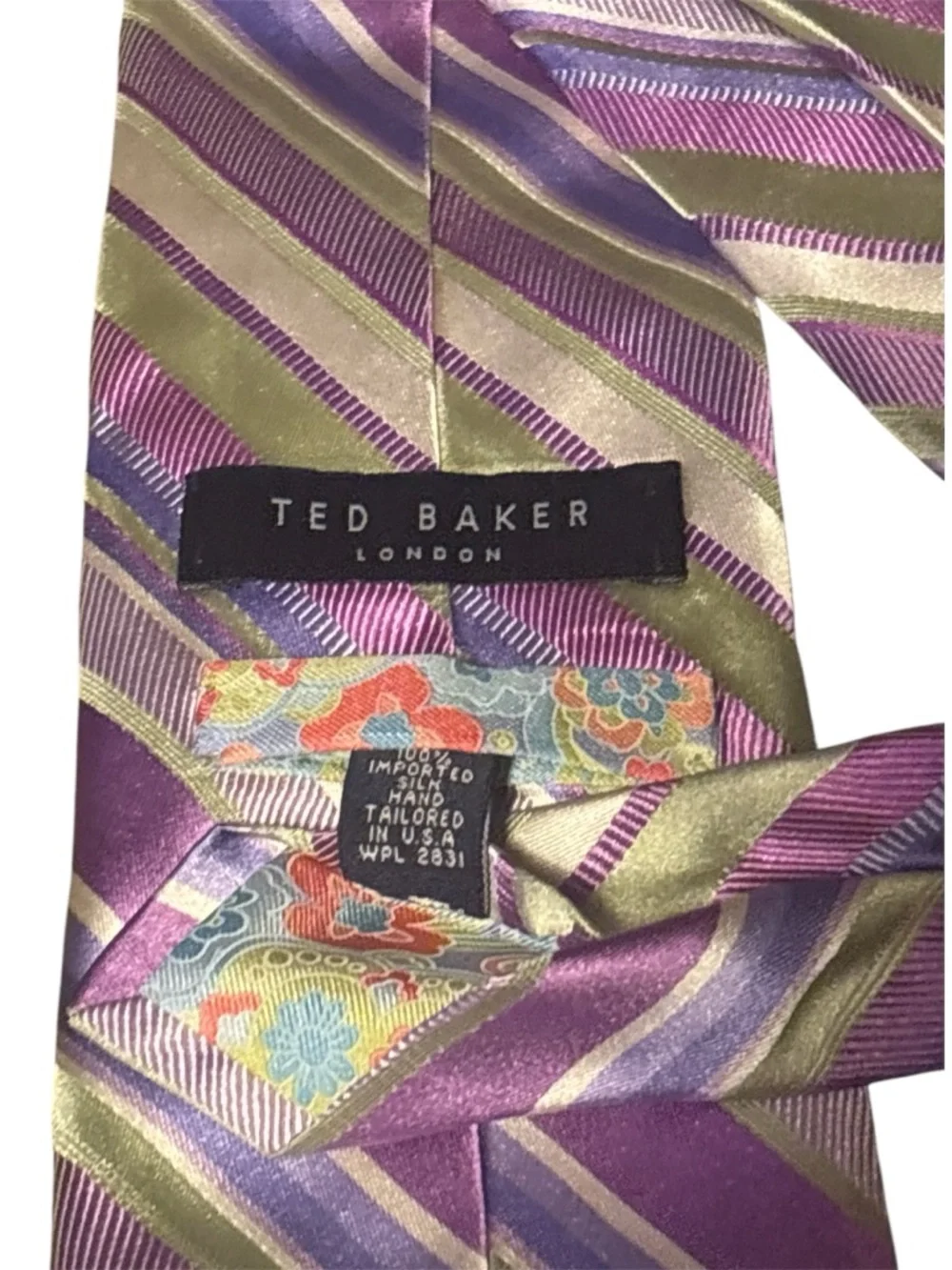 Ted Baker Purple and Green Striped Silk Tie with Floral Tip
